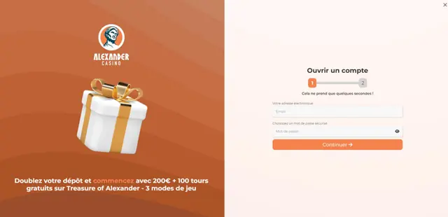 Page d’inscription d’Alexander Casino (2023)