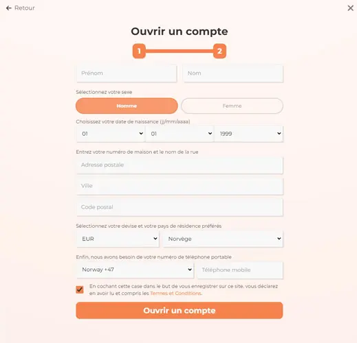 Inscription chez Alexander Casino, étape 2 (2023)