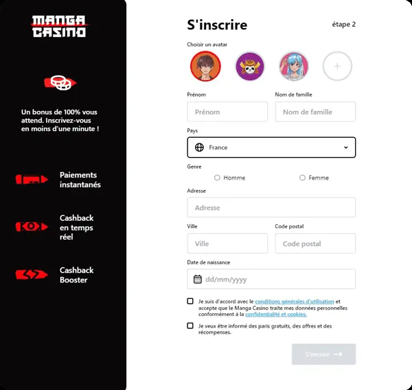Inscription chez Manga Casino, deuxième étape (2023)